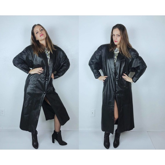 vintage 2000s BLACK LEATHER midi COAT os/md futuristic y2k cyber club kid winter - Picture 1 of 10